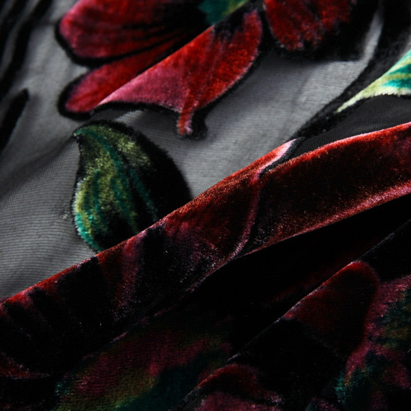 Black Silk Flower Long Sleeve Transparent Shirt