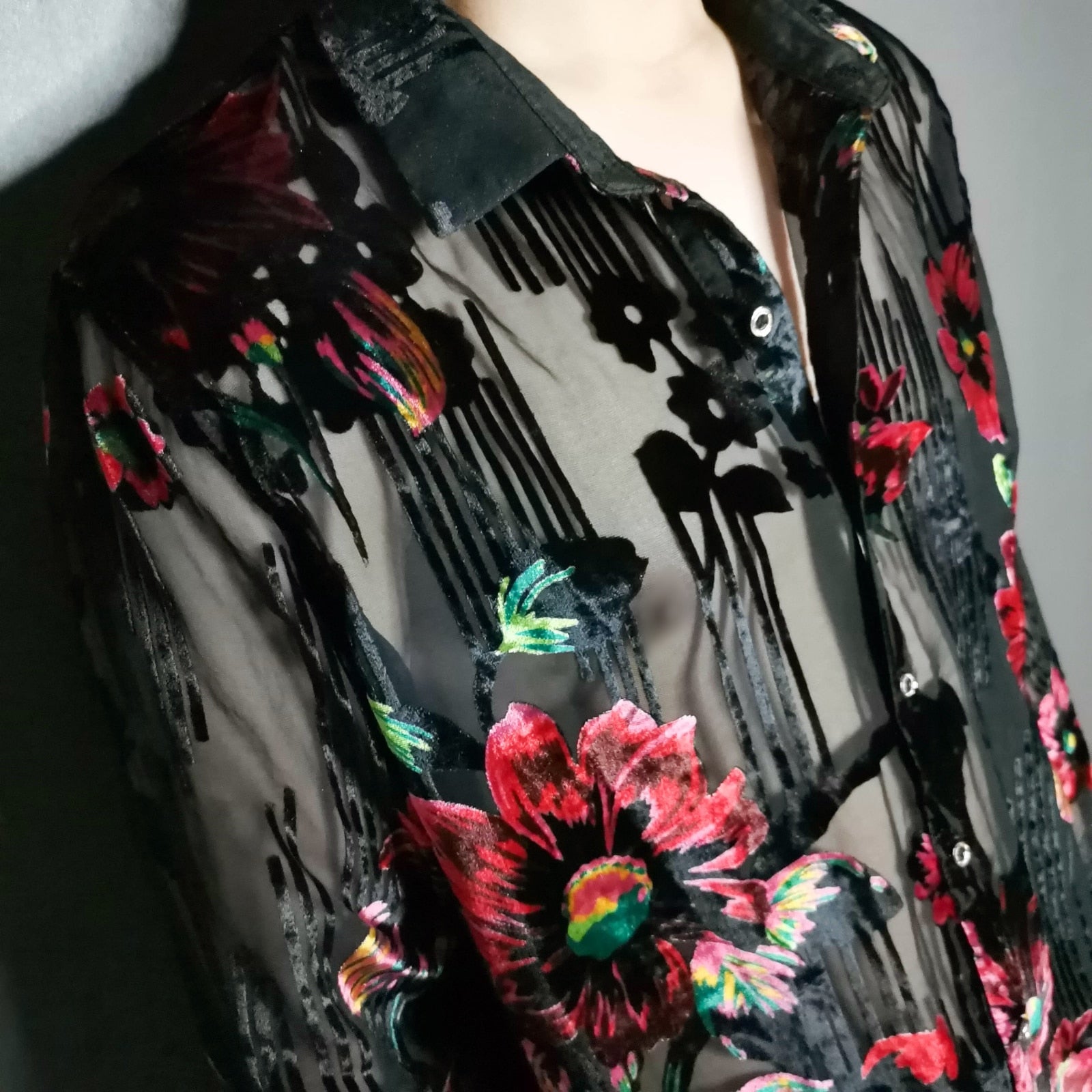 Black Silk Flower Long Sleeve Transparent Shirt