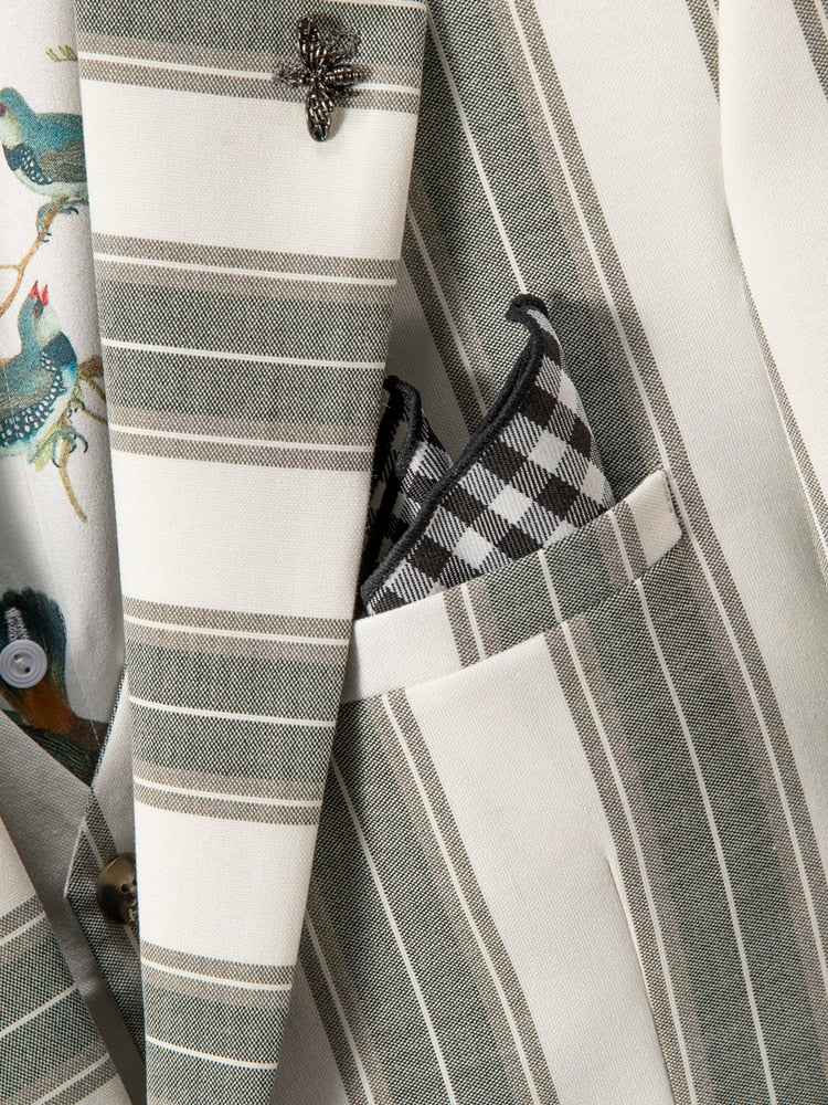 White Grey Vertical Stripes Decorated Suit Set