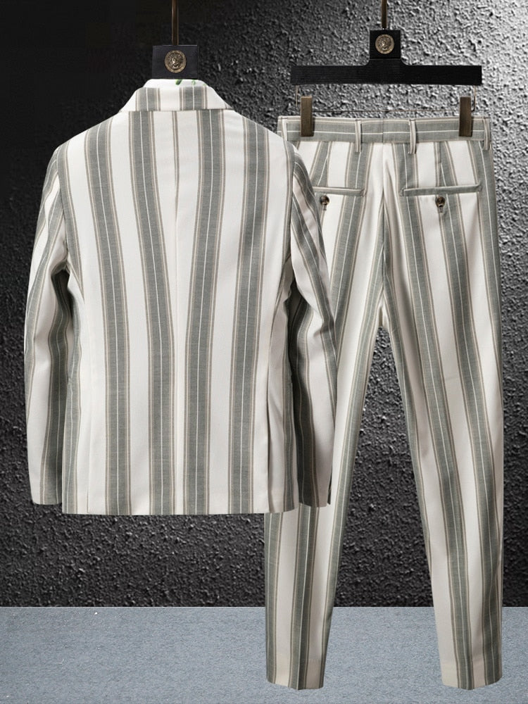 White Grey Vertical Stripes Decorated Suit Set