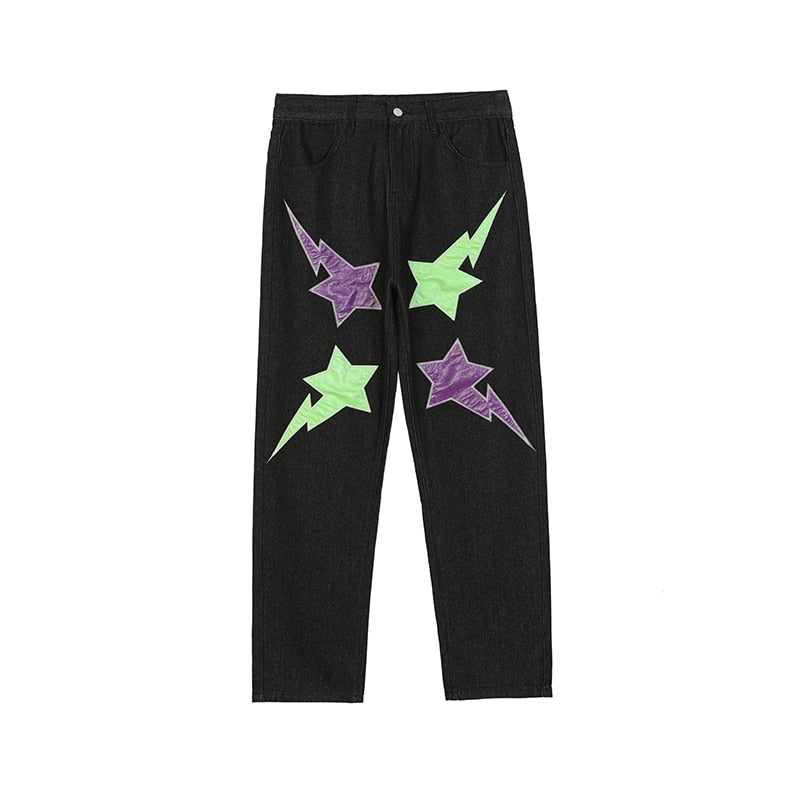 High Street Stars Letter Embroidery Denim Pants