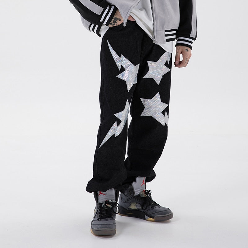 High Street Stars Letter Embroidery Denim Pants