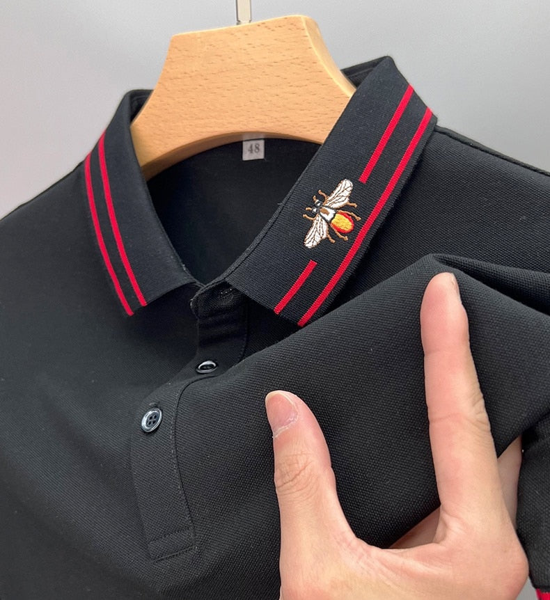 Striped Bee Embroidery Collar Polo Shirt
