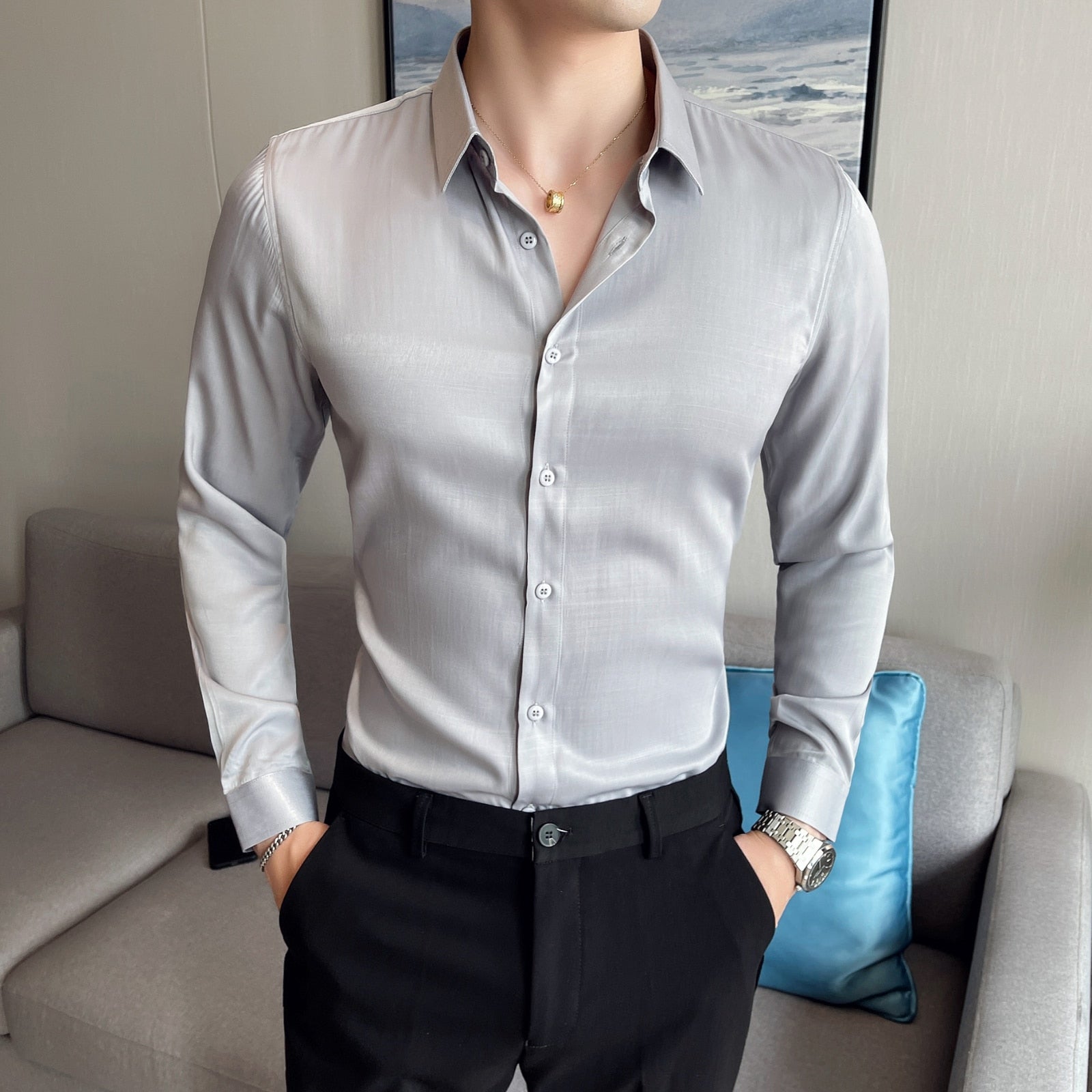 High Quality Simple Solid Color Long Sleeve Shirt
