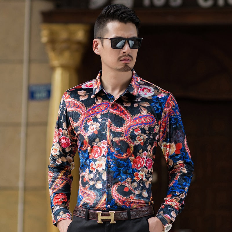 Velvet Floral Paisley Combination Men Long Sleeves Shirt