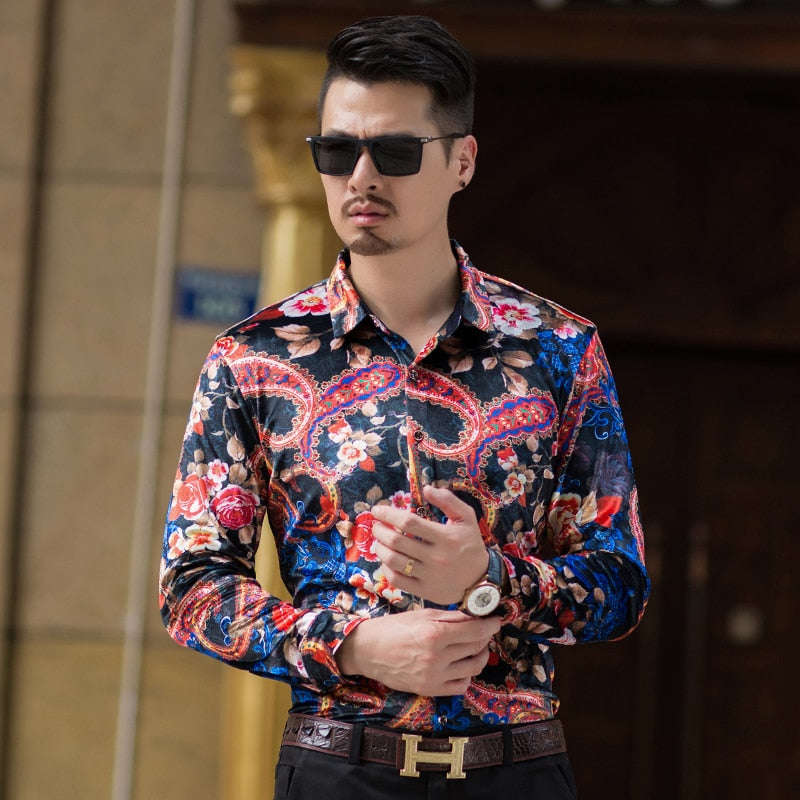 Velvet Floral Paisley Combination Men Long Sleeves Shirt