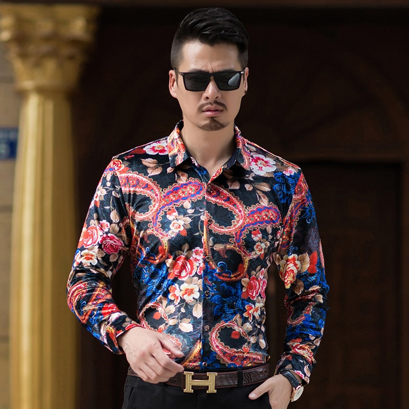 Velvet Floral Paisley Combination Men Long Sleeves Shirt