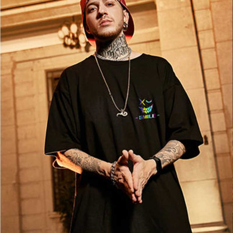 Hip Hop Smiley Rainbow Printed Oversized T-Shirt