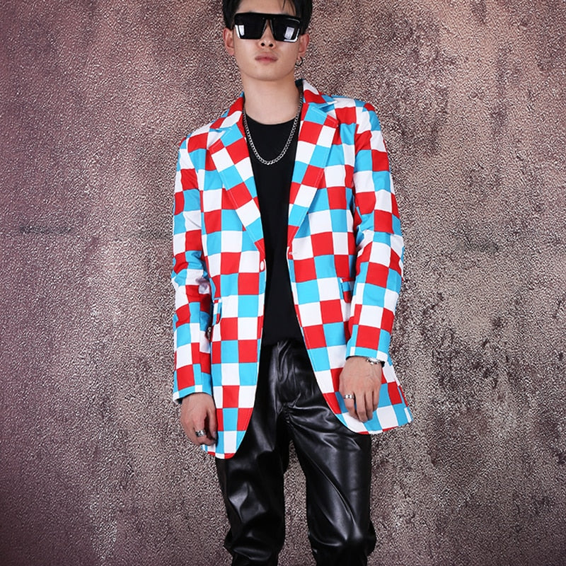 Color Checkered Hip Hop Mid Long Style Men Blazer