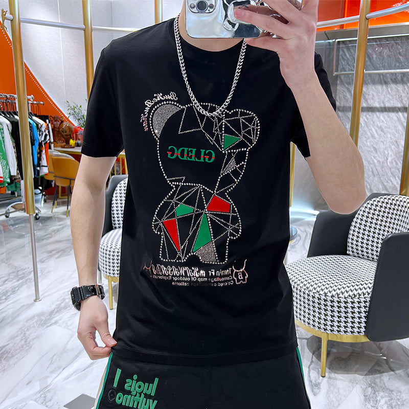 Bear Rhinestone Printed O-Neck T-Shirt