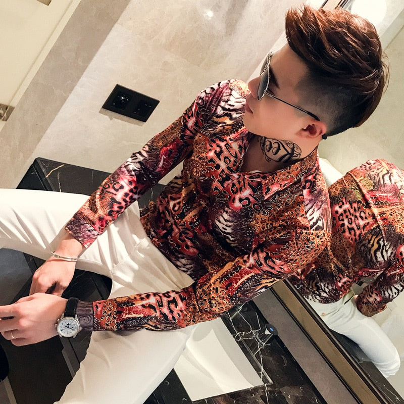 Casual Summer Thin Long Sleeve Leopard Print Men Shirt