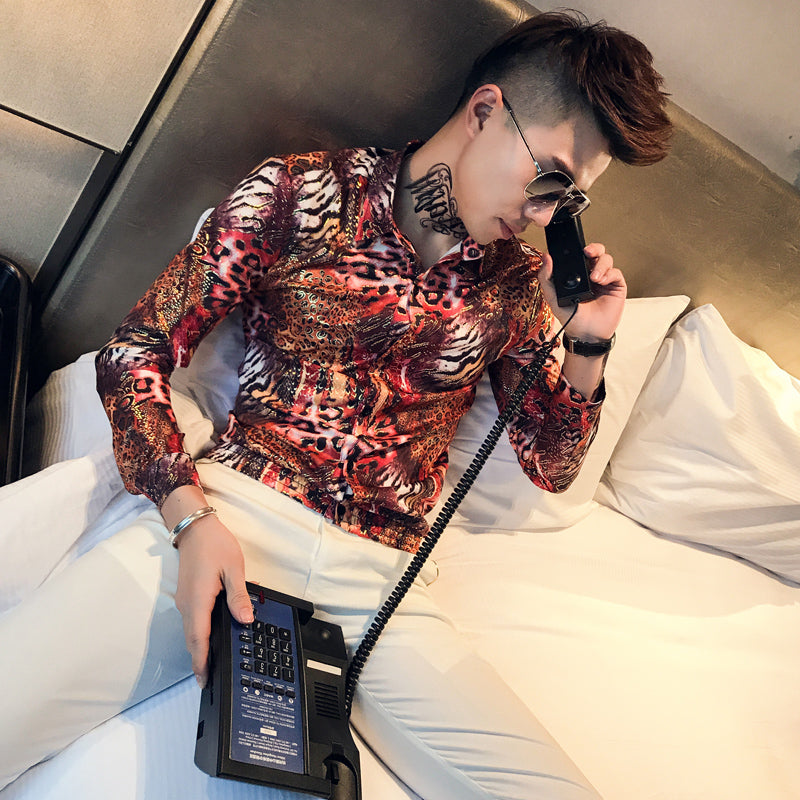 Casual Summer Thin Long Sleeve Leopard Print Men Shirt