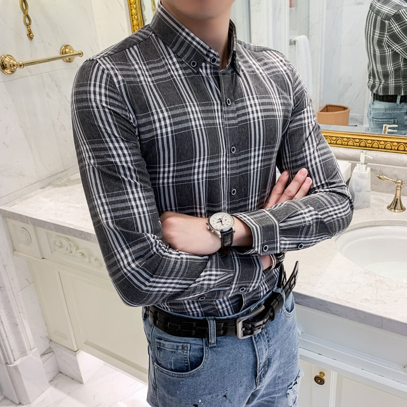 Blue Gray Plaid Business Slim Fit Casual Men Long Sleeves Shirt