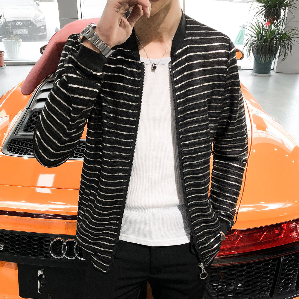 Elegant Black with Horizontal Striped Summer Outer Style Men Jacket