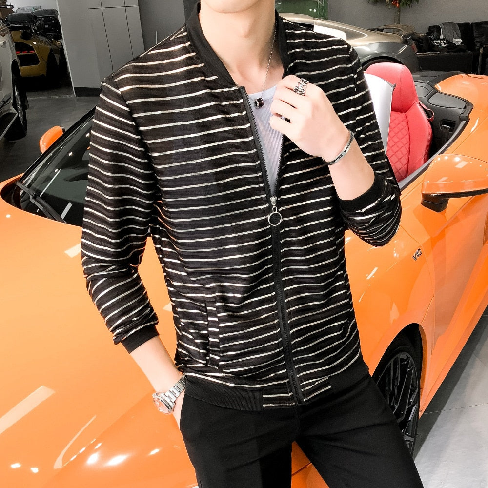 Elegant Black with Horizontal Striped Summer Outer Style Men Jacket