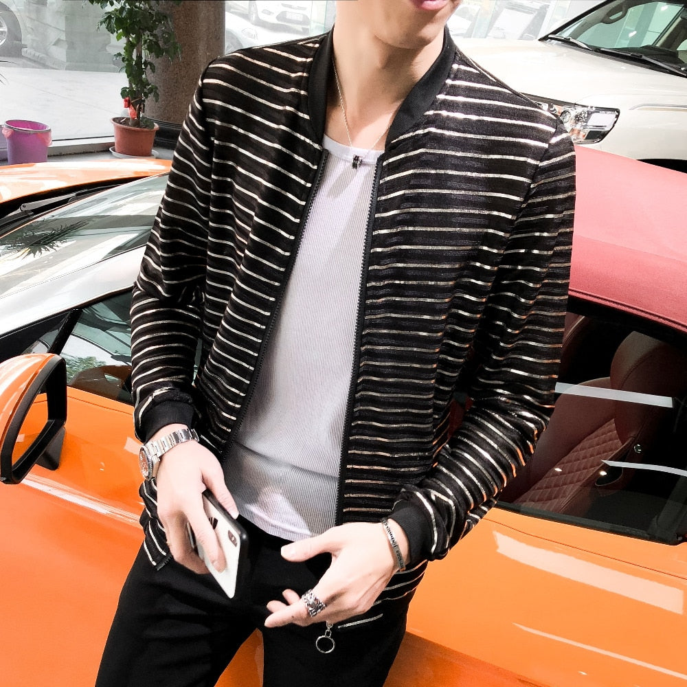 Elegant Black with Horizontal Striped Summer Outer Style Men Jacket