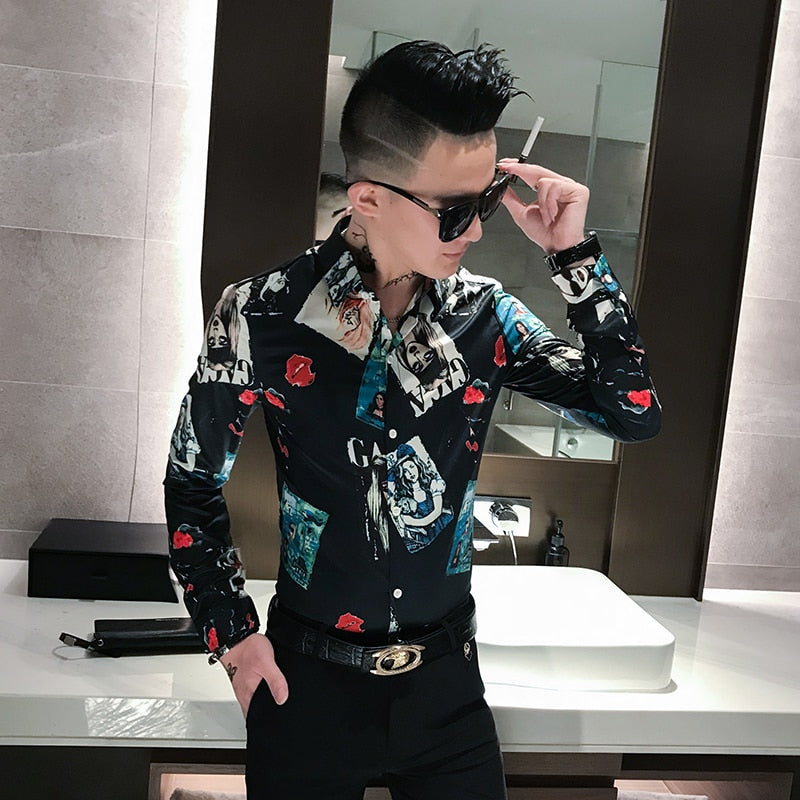 Cover Print Slim Fit Casual Style Men Long Sleeves Shirts