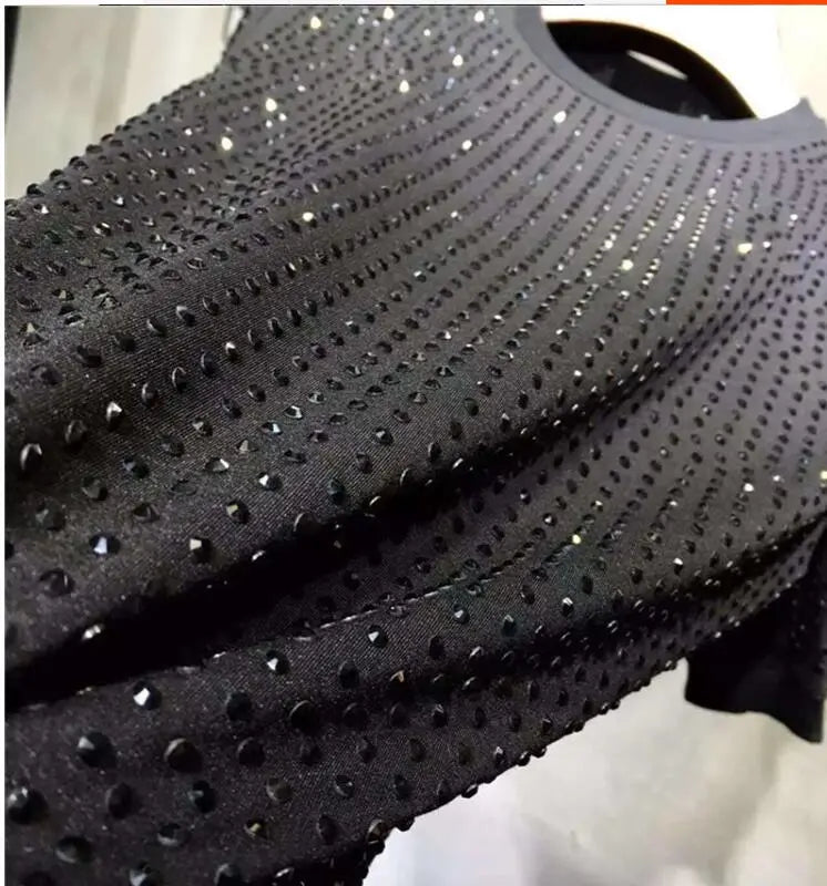 Black Rhinestones Short Sleeve T-Shirt