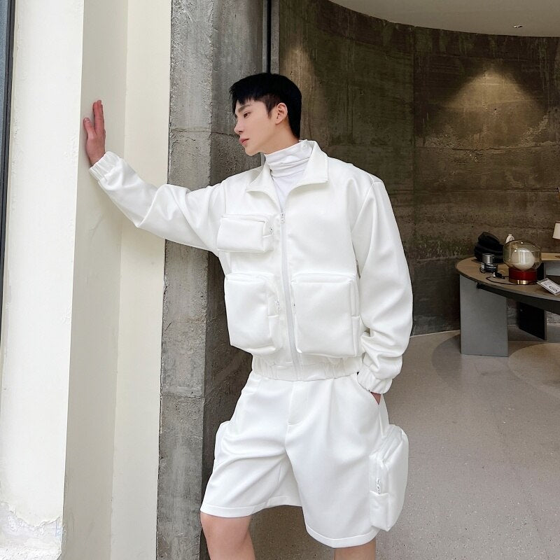 Solid 3D Large Pocket Jacket Short Set