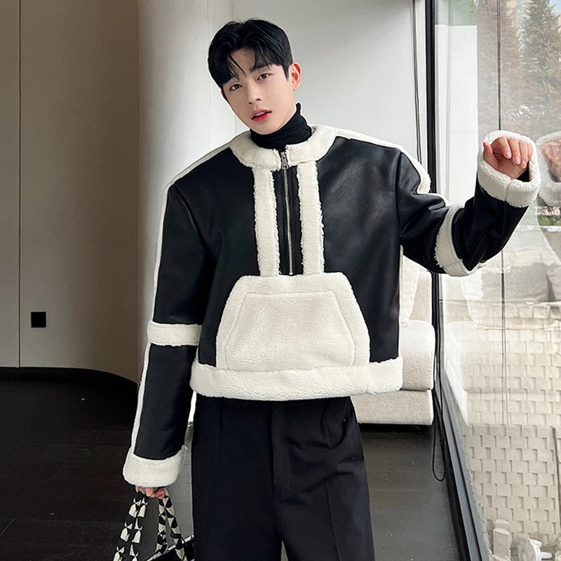 Zipper PU Leather Spliced Fur Jacket
