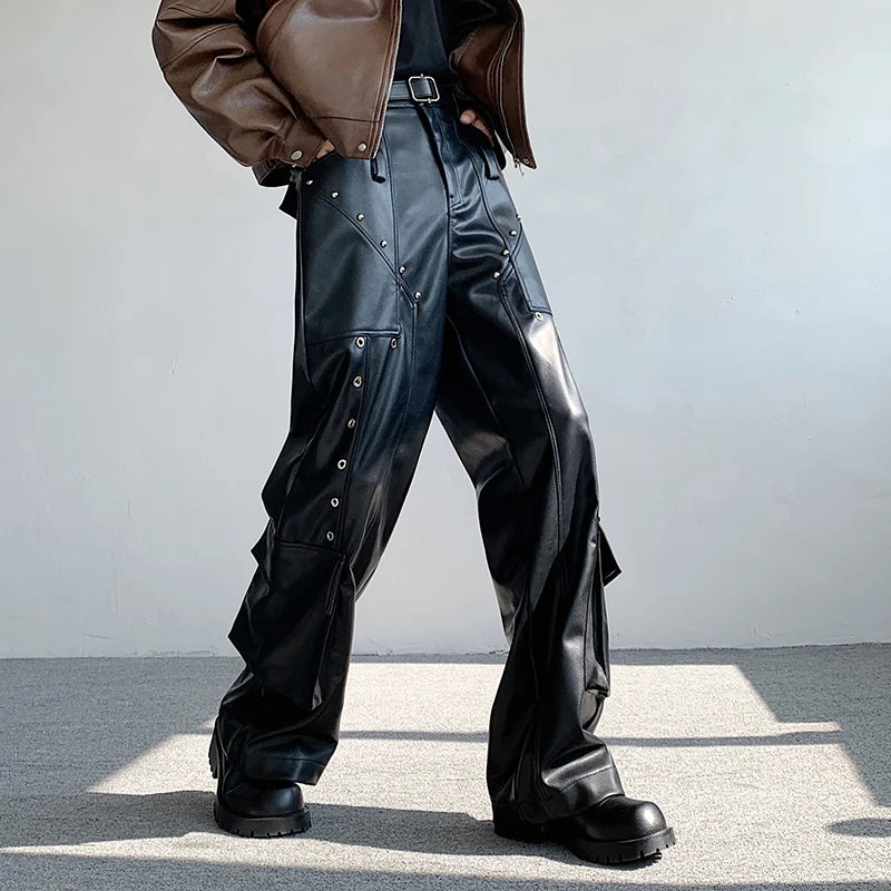 Black Solid Rivet Leather Pants