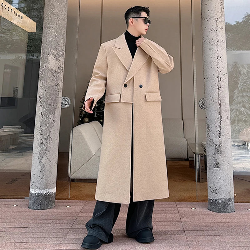Solid Woolen Double Breasted Coat