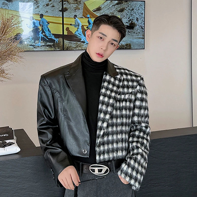 Plaid Leather Patchwork Crop Blazer