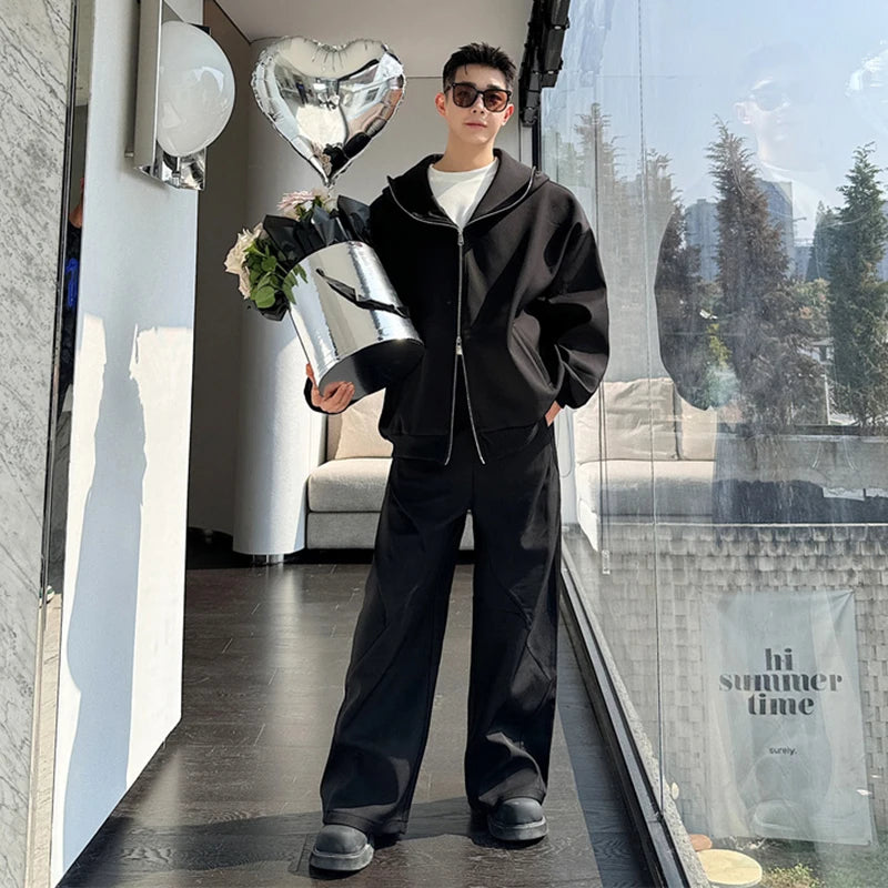 Solid Zipper Hooded Jacket Pants Set