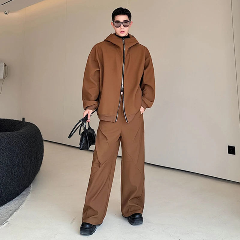 Solid Zipper Hooded Jacket Pants Set