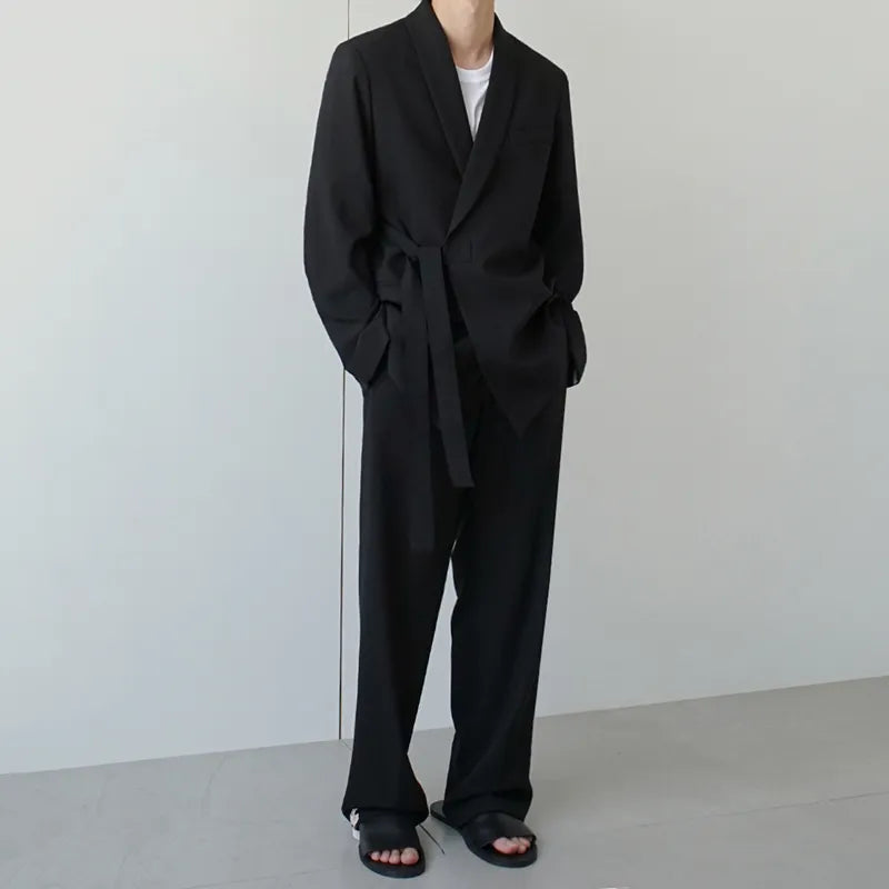 Solid Cotton Belt Blazer Pants Set