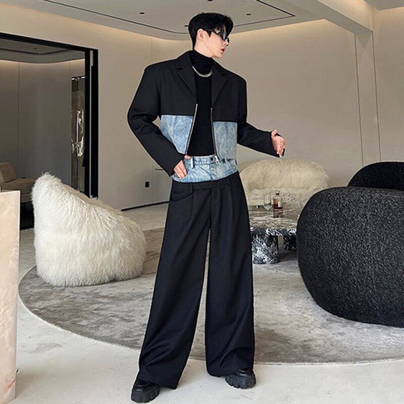 Denim Patchwork Jacket Pants Set