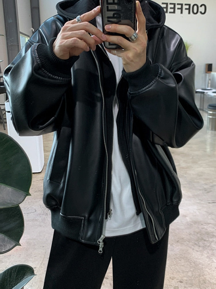 Solid Black Faux Leather Zipper Jacket