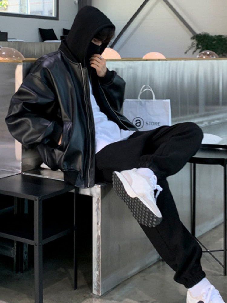 Solid Black Faux Leather Zipper Jacket