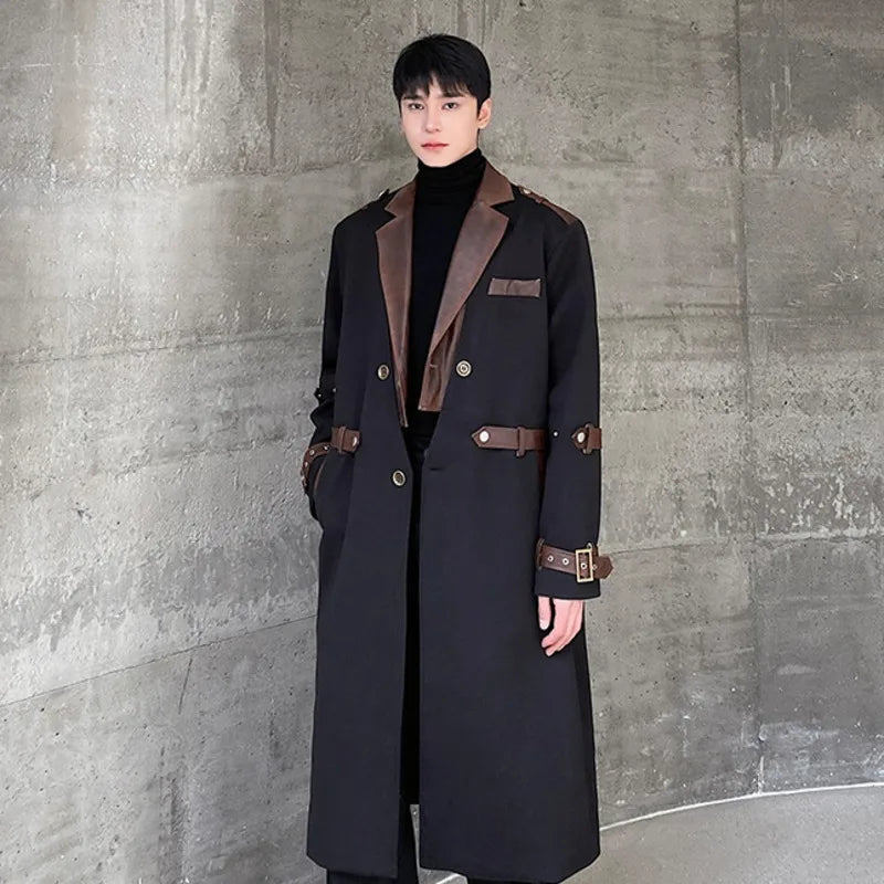 Patchwork PU Leather Buckle Coat