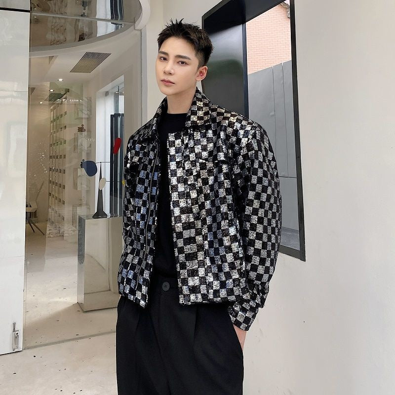 Black Silver Checkered Style Men Jacket
