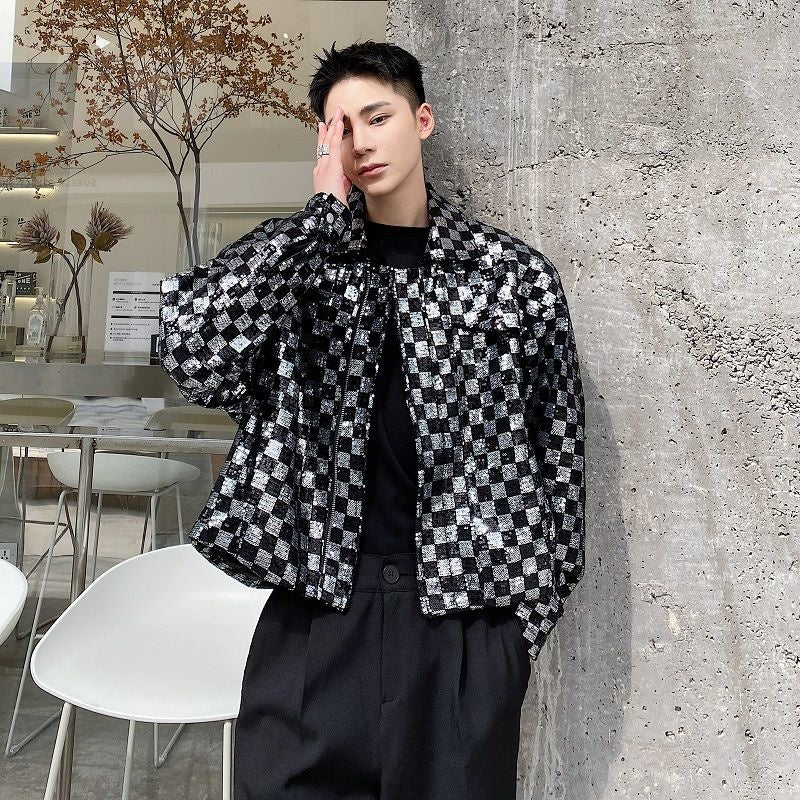 Black Silver Checkered Style Men Jacket