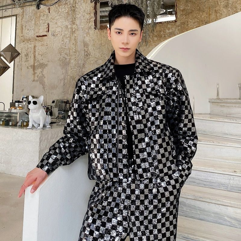 Black Silver Checkered Style Men Jacket