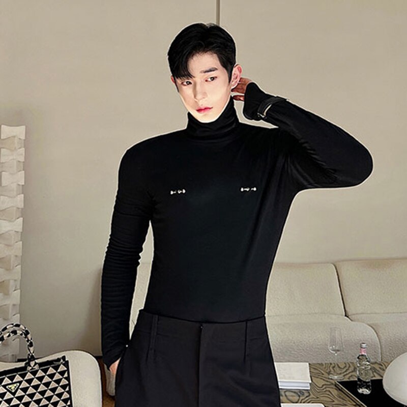 Detachable Breastpin Decoration Turtleneck T-Shirt