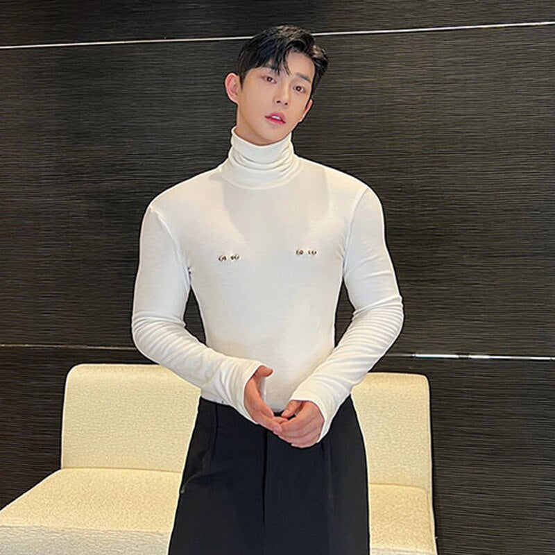 Detachable Breastpin Decoration Turtleneck T-Shirt