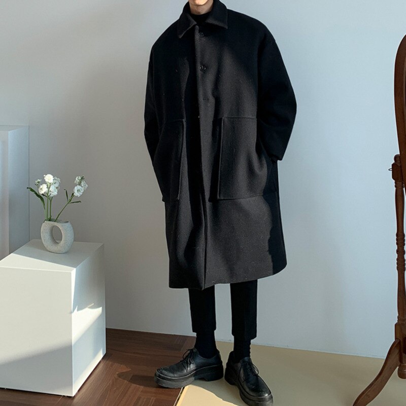 Solid Big Pocket Loose Woolen Coat
