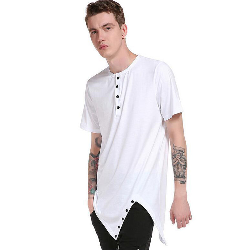 Asymmetric Cut Hem Men Buttoned Neckline T-Shirt