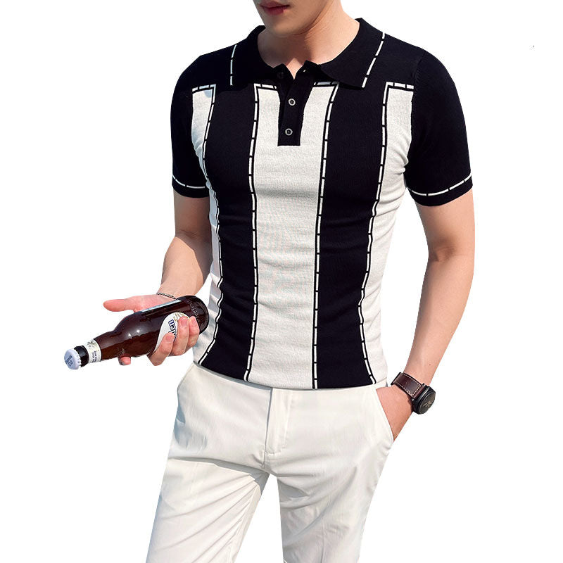 Irregular Dash Striped Two-Tone Polo Shirt