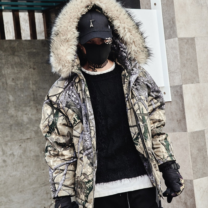 Grey Abstract Tree Branch Printed Warm Parka Jacket