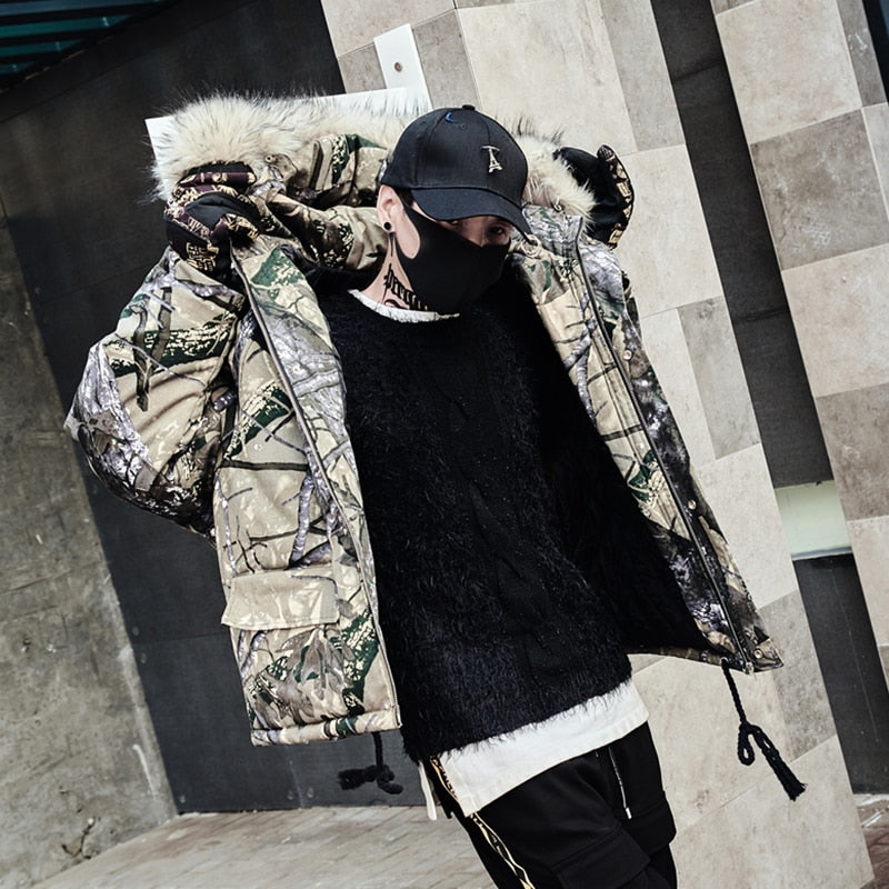 Grey Abstract Tree Branch Printed Warm Parka Jacket