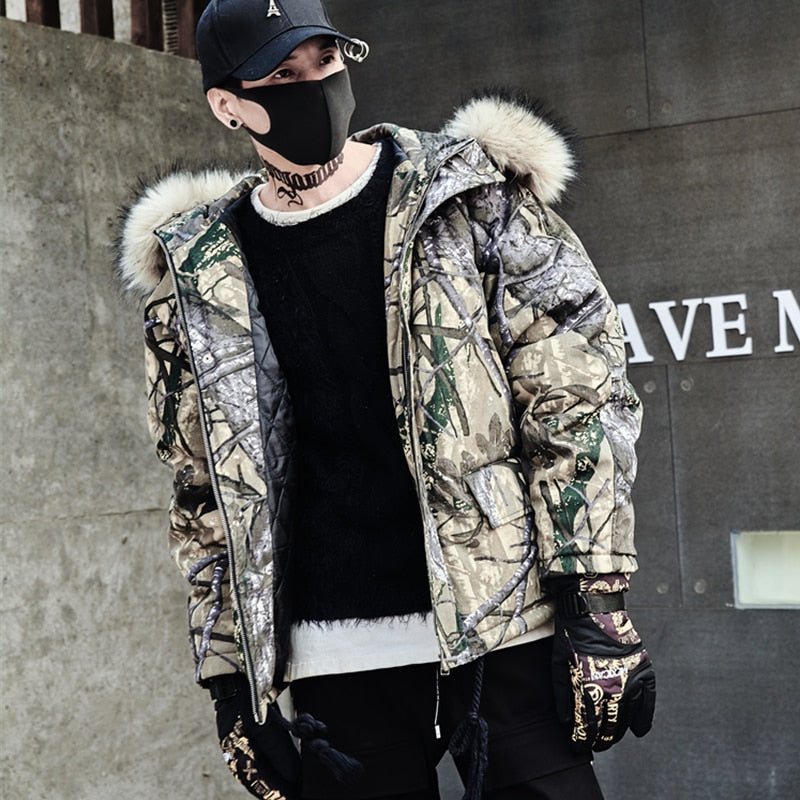 Grey Abstract Tree Branch Printed Warm Parka Jacket