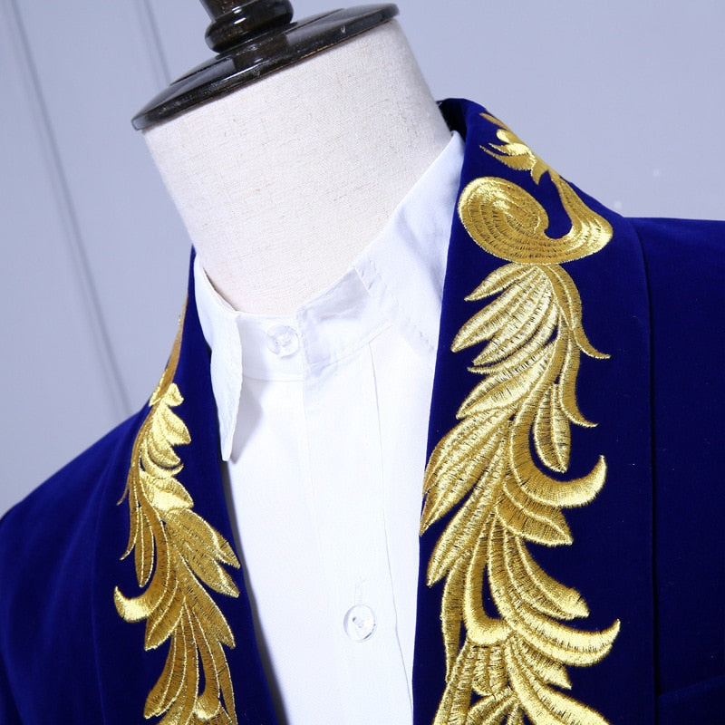 Velvet Royal Blue with Gold Touch Style Men Costume Set Blazer With Pant