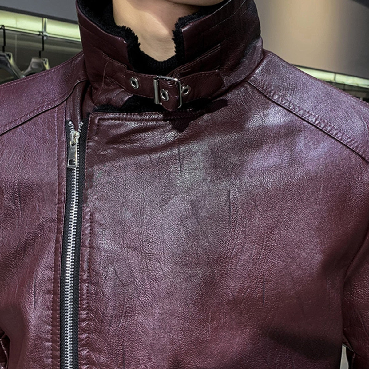 Classic Wine Color Faux Leather Jacket