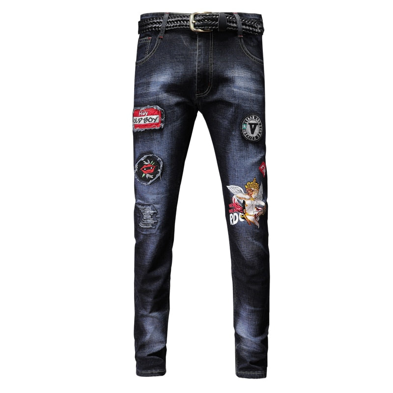 Designer Jeans Men's Patches Ripped Skinny Denim