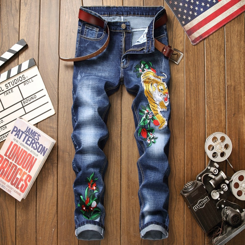 Tiger And Floral Embroidery Casual Jeans