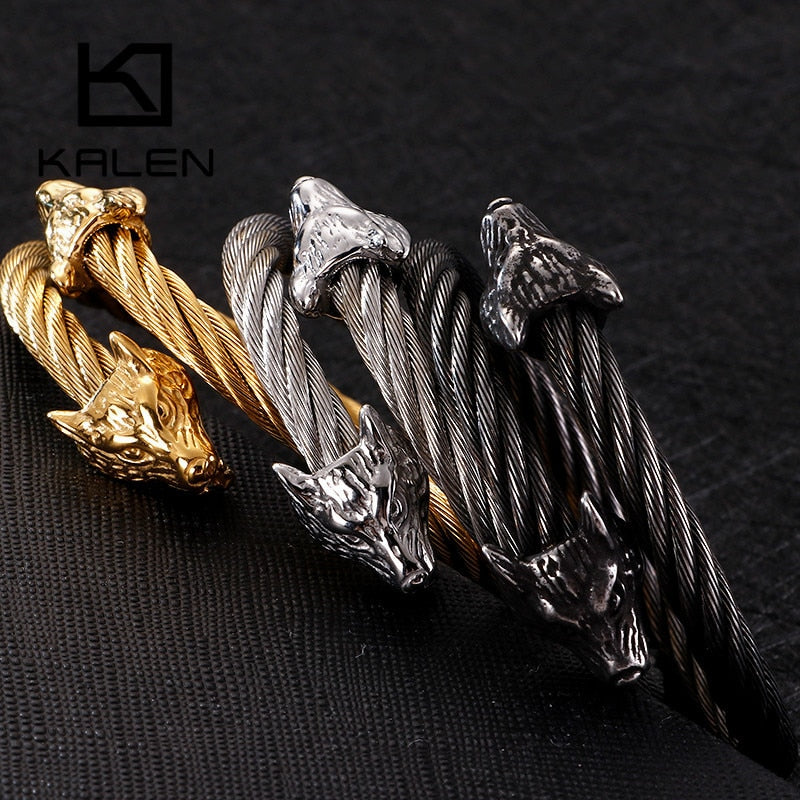 Punk Animal Double Wolf Heads Bangles Bracelets